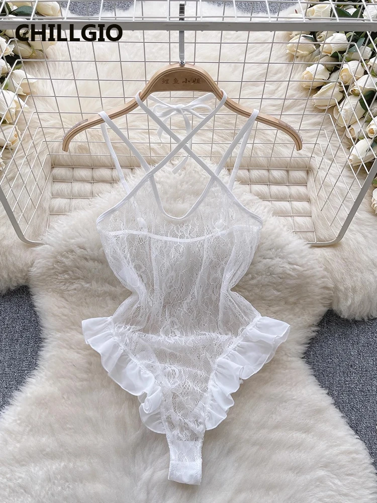 

CHILLGIO Women Sexy Floral Lace Strappy Bodysuits Fashion Tight Transparent Ruffle Rompers One Piece Combination Onesie Lingerie