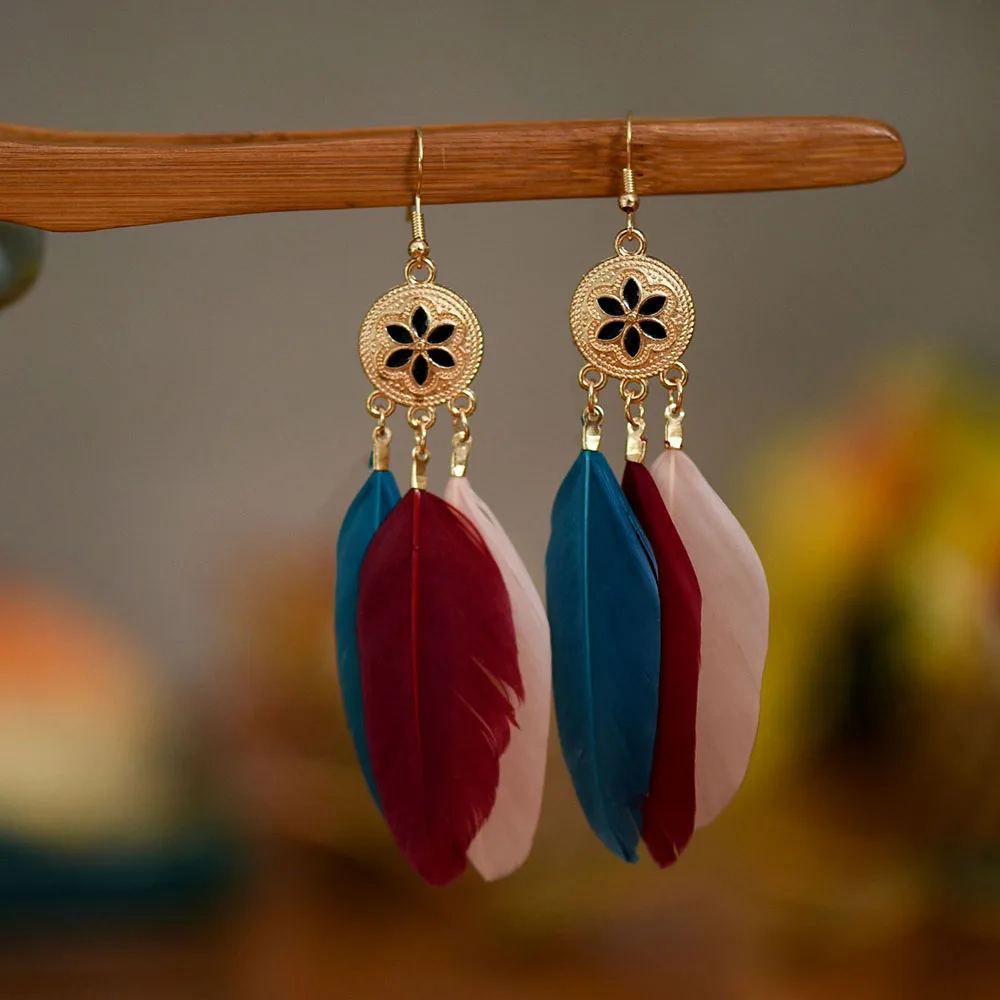 

Long Feather Dangle Earrings Bohemian Retro for Women Beach Alloy Tassel Drop Earrings Wedding Bride Jewelry Free Shipping