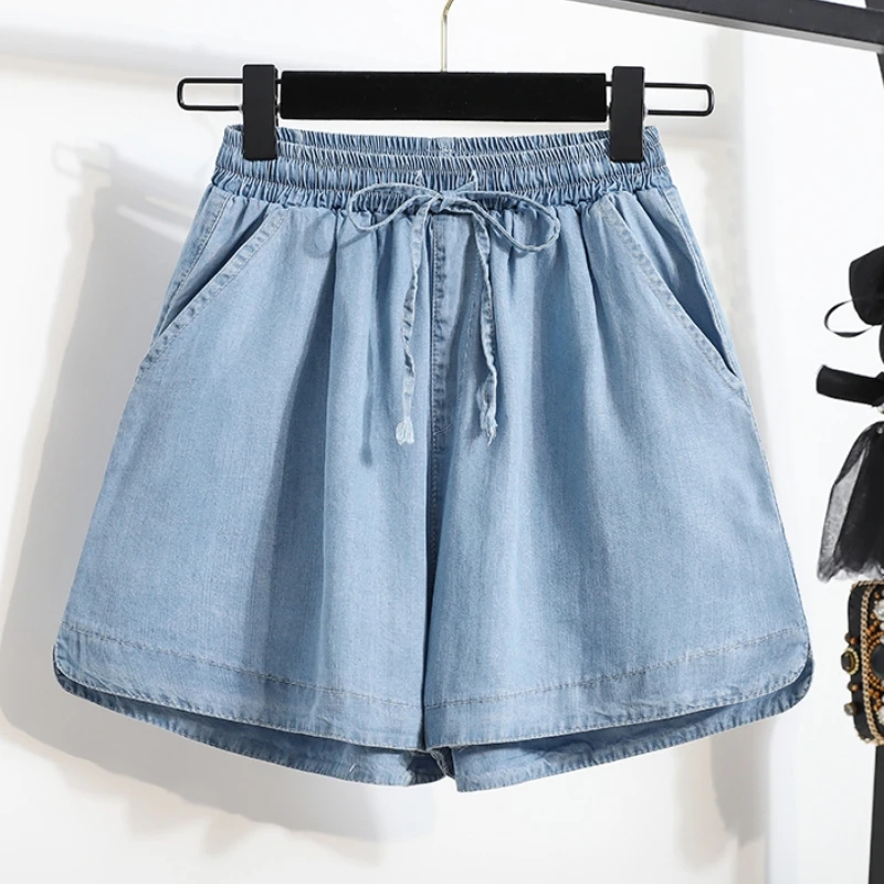 Qiukichonson 5XL Oversize Denim Shorts Women Lace Up 2023 Spring Summer High Waisted Cute Soft Girl Wide Leg Loose Jeans Shorts