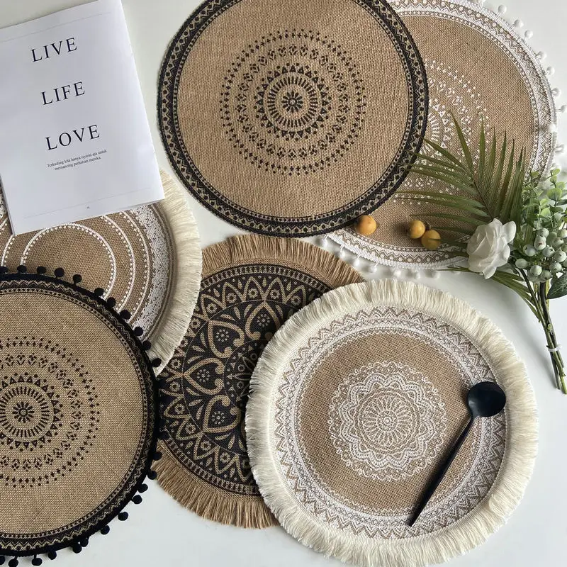 

Mandala Round Placemats,Boho Cotton Woven Macrame Tassels Table Decor Mats Heat Resistant Neutral Place Mat,Kitchen Dining Room