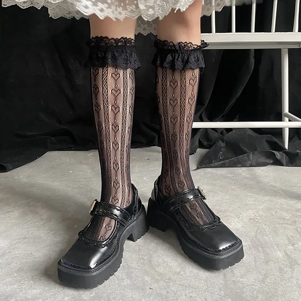

Korean New Street Wear Lolita Lace Fishnet Stockings Bow Socks For Women Transparent Trendy Sweet Breathable Hollow Elastic