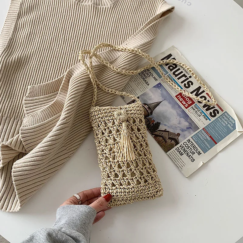 

Женская винтажная плетеная Сумка через плечо из соломенной веревки, сумка для телефона, мини-кошелек для отпуска