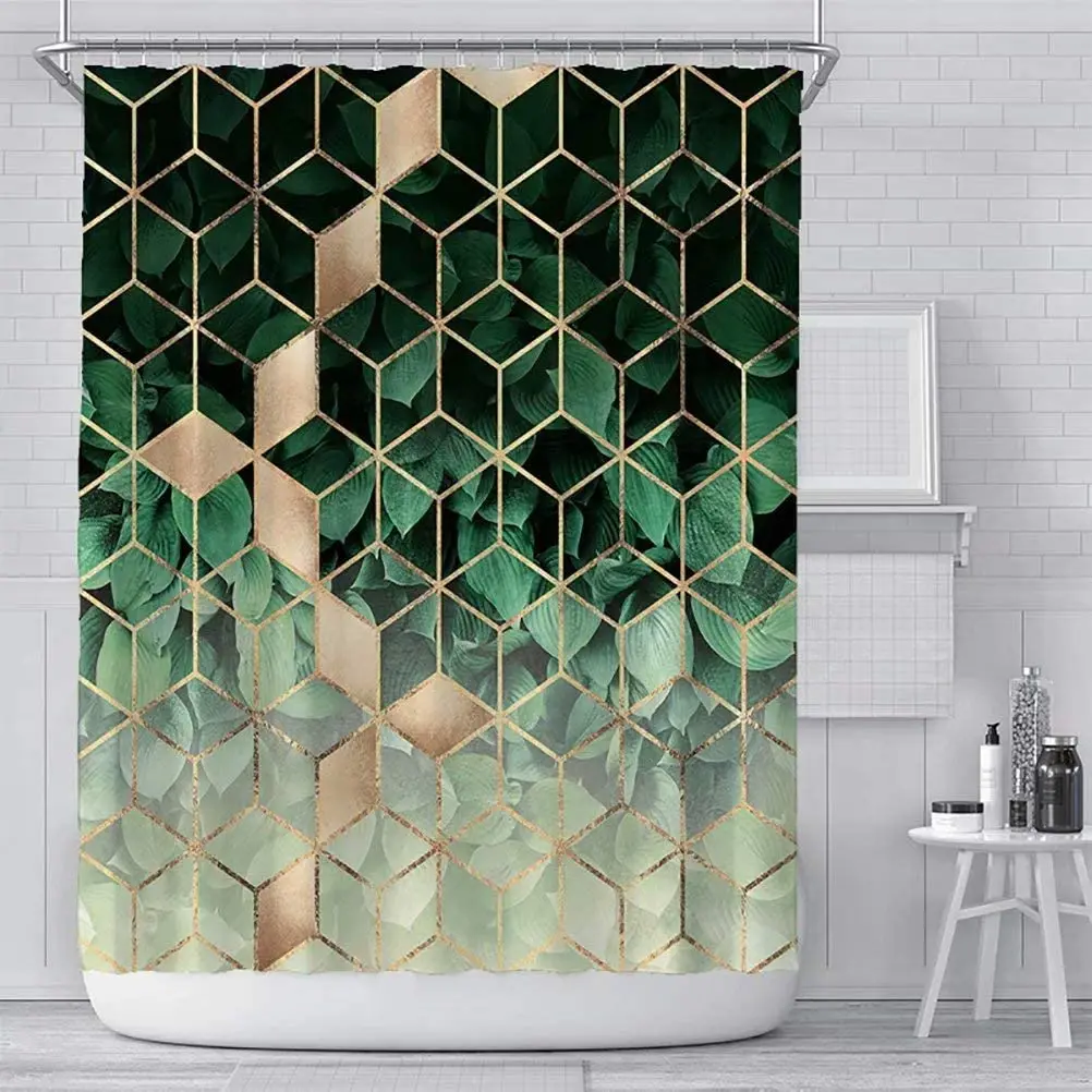 

Gold green Marble Shower Curtain, Blue Black Pine Ombre Colorful Geometric Grid Home Bath Decor Curtain Polyester Bathtub Screen