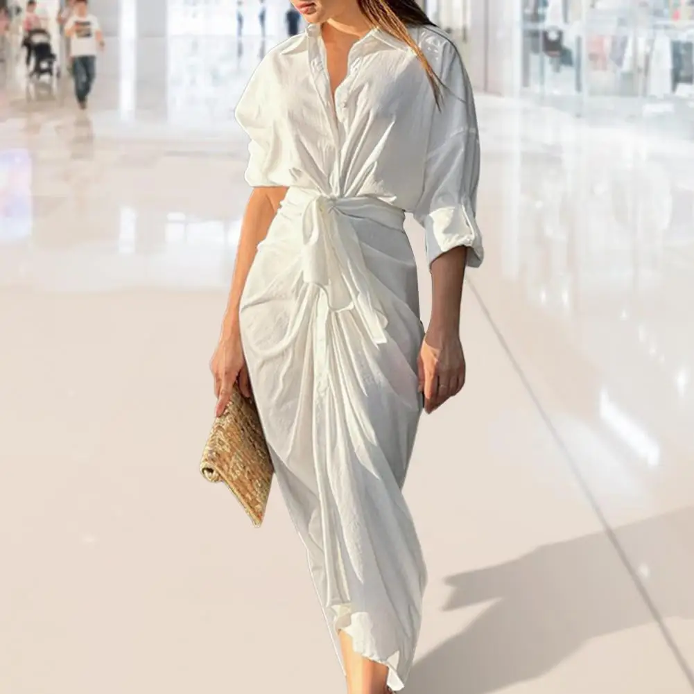 

Women Shirt Dress Solid Color Long Sleeve Turn-down Collar Slim Pleated Summer Irregular Long Bodycon Maxi Dress Streetwear