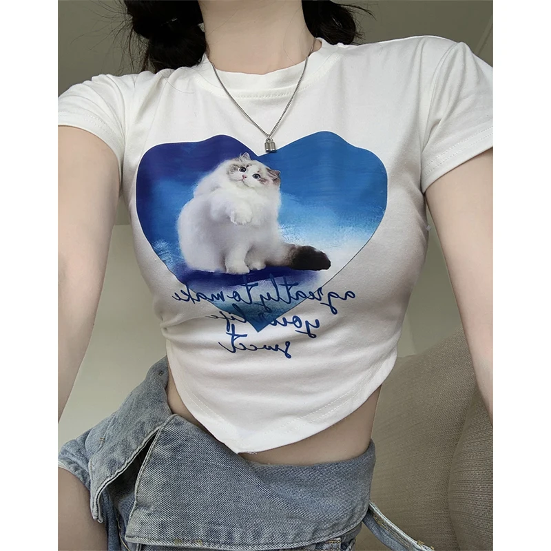 

White Cat Print Front-shoulder Short-sleeved T-shirt Women's Summer Hot Girl Irregular Short Design Niche Tops