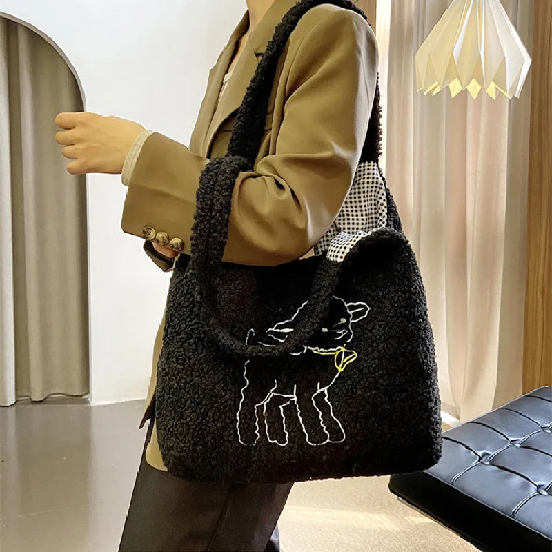 

Сумки из овечьей шерсти для женщин, сумки на плечо, вместительные сумки с вышивкой, милые плюшевые сумки-тоуты, роскошные сумки