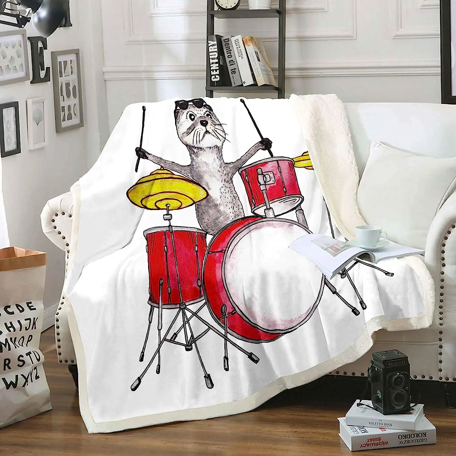 

Beaver Drummer Sherpa Blanket Kids Cute Cartoon Animal Fleece Throw Blanket Ultra Soft Drum Kit Music Theme Plush