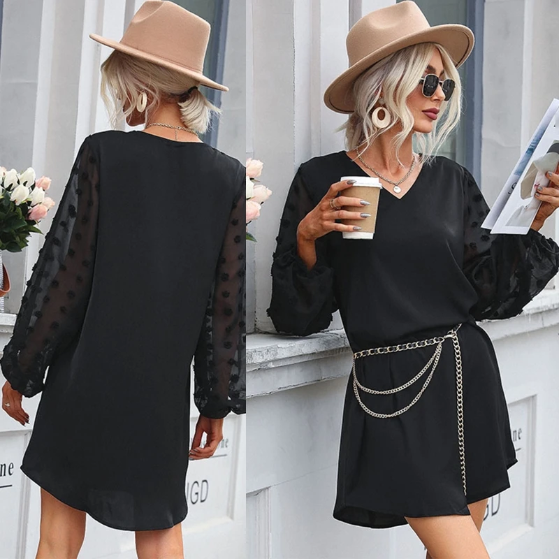 

Stylish V Neck Dress for Women See Through Long Sleeve Dress Solid Summer Dress Ladies Holiday Dress Simple Casual Dress