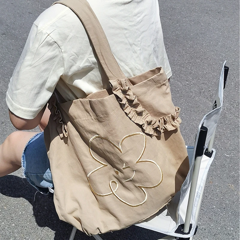 Cute Flower Embroidery Shoulder Bag for Women Girls Large Capacity Ruffles Shopping Bags Students Books Bags Canvas Handbag