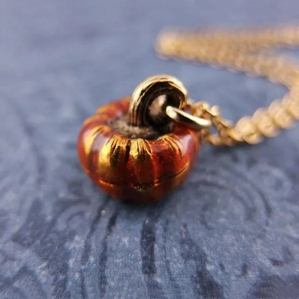 

Orange Pumpkin Necklace - Orange Enameled Antique Gold Pewter Pumpkin Charm