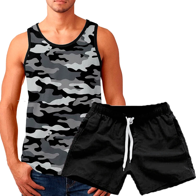 2023 summer new mens Camouflage Sleeveless vest+shorts 2-piece suit round neck slim underwaist Men's Sets Asian size