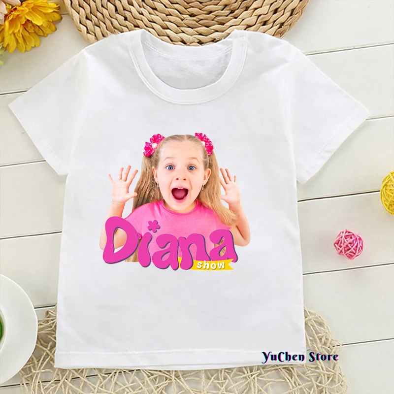 

Новинка, футболка для девочек, милые детские футболки с мультяшным принтом Дианы, летняя модная одежда для девочек, белая и розовая рубашка, ...