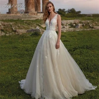 elegant wedding dress for women simple v neck backless tulle beach bridal gown a line appliques bridal dress vestido de novia
