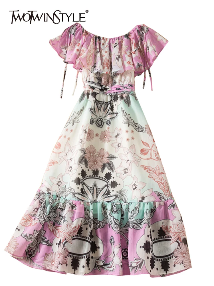 

Женское платье с цветочным принтом twotwin2, свободное платье средней длины без рукавов с вырезом лодочкой и высокой талией