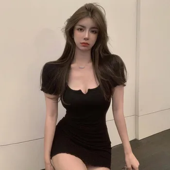 Summer Women Dress Square Neck Slim Sxey Short Sleeve Korean Style Solid Color 1