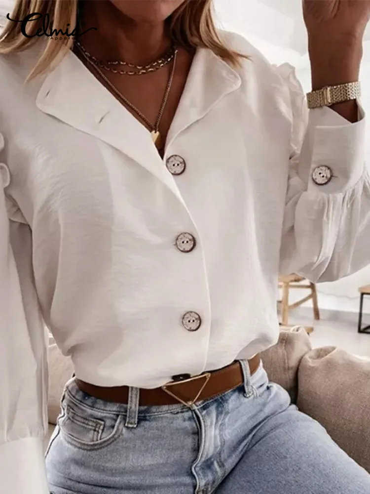 

Офисные элегантные туники Celmia, топы, женские Однотонные блузки с пышными длинными рукавами и V-образным вырезом, повседневные свободные лет...