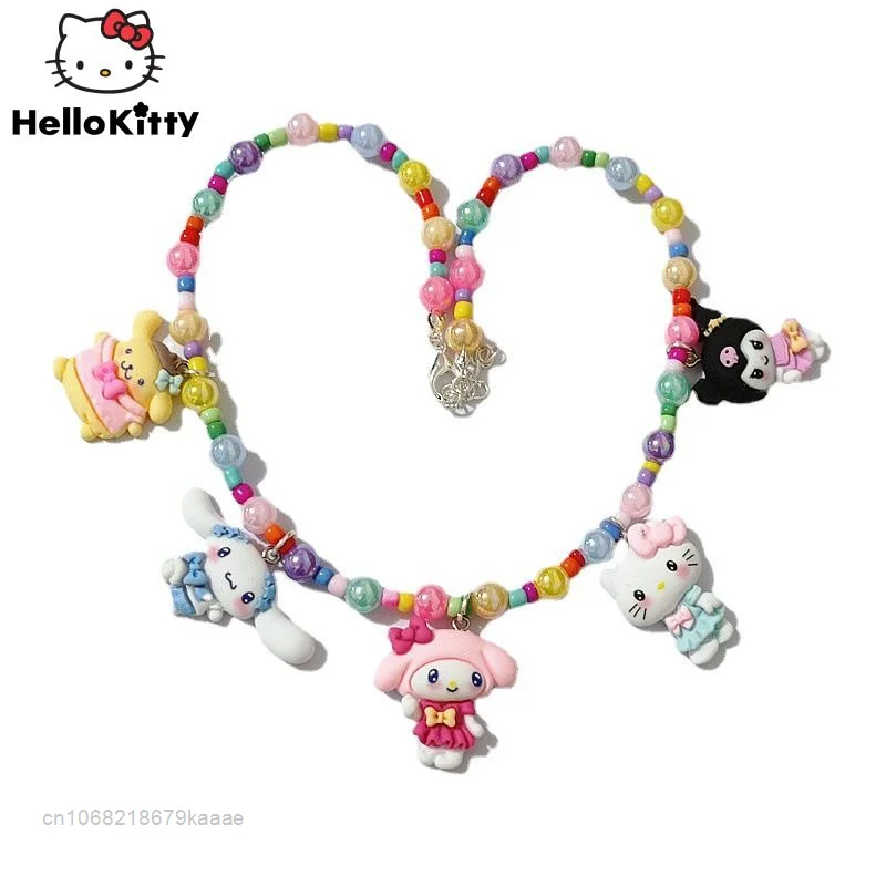 Sanrio Necklace Cartoon Hello Kitty Melody Kuromi Colorful Candy Acrylic Beaded Short Necklaces Y2k Women Sweet Pendants Chains