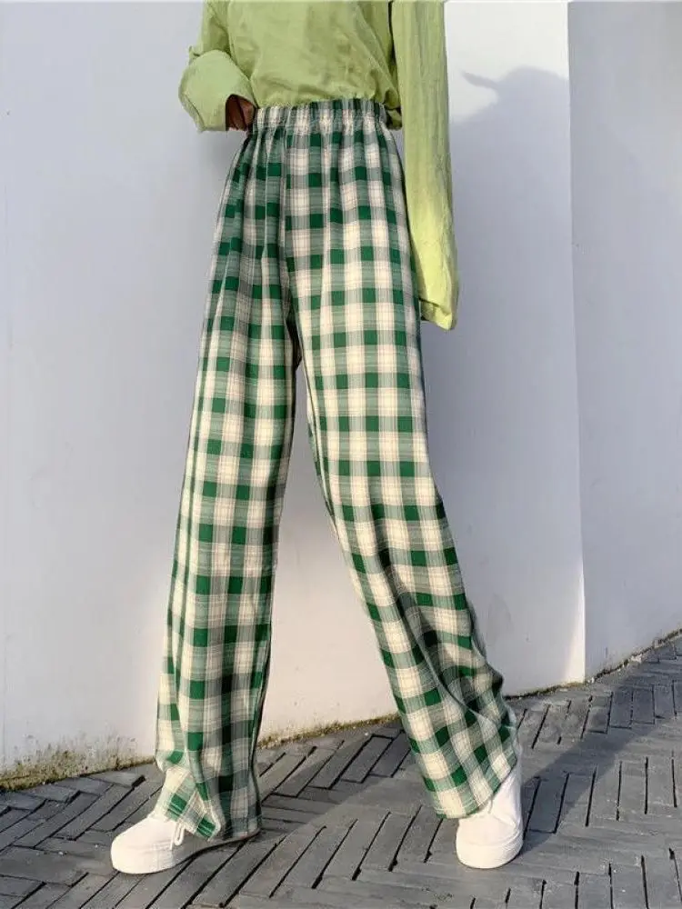 Брюки женские тонкие в клетку повседневные свободные штаны с широкими штанинами