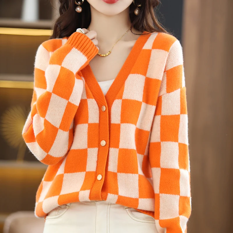 

Женский кардиган из 100% мериносовой шерсти, кашемировый свитер, плотный Женский трикотажный свитер с длинными рукавами и V-образным вырезом, женские свитера, Свободное пальто