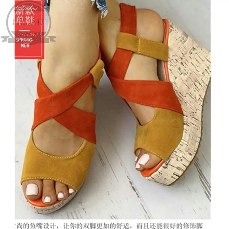 Brand New Comfy Walking Fashion Black All Match Leisure Bohemia Straw Platform High Heels Wedges Shoes Women Summer Sandals