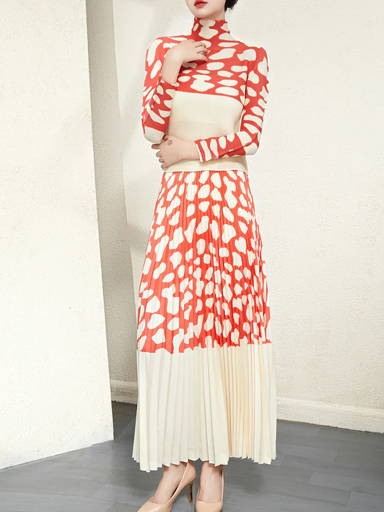 

Miyake pleated print suit women's new spring and autumn foreign style elastic top half skirt fashion two-piece set