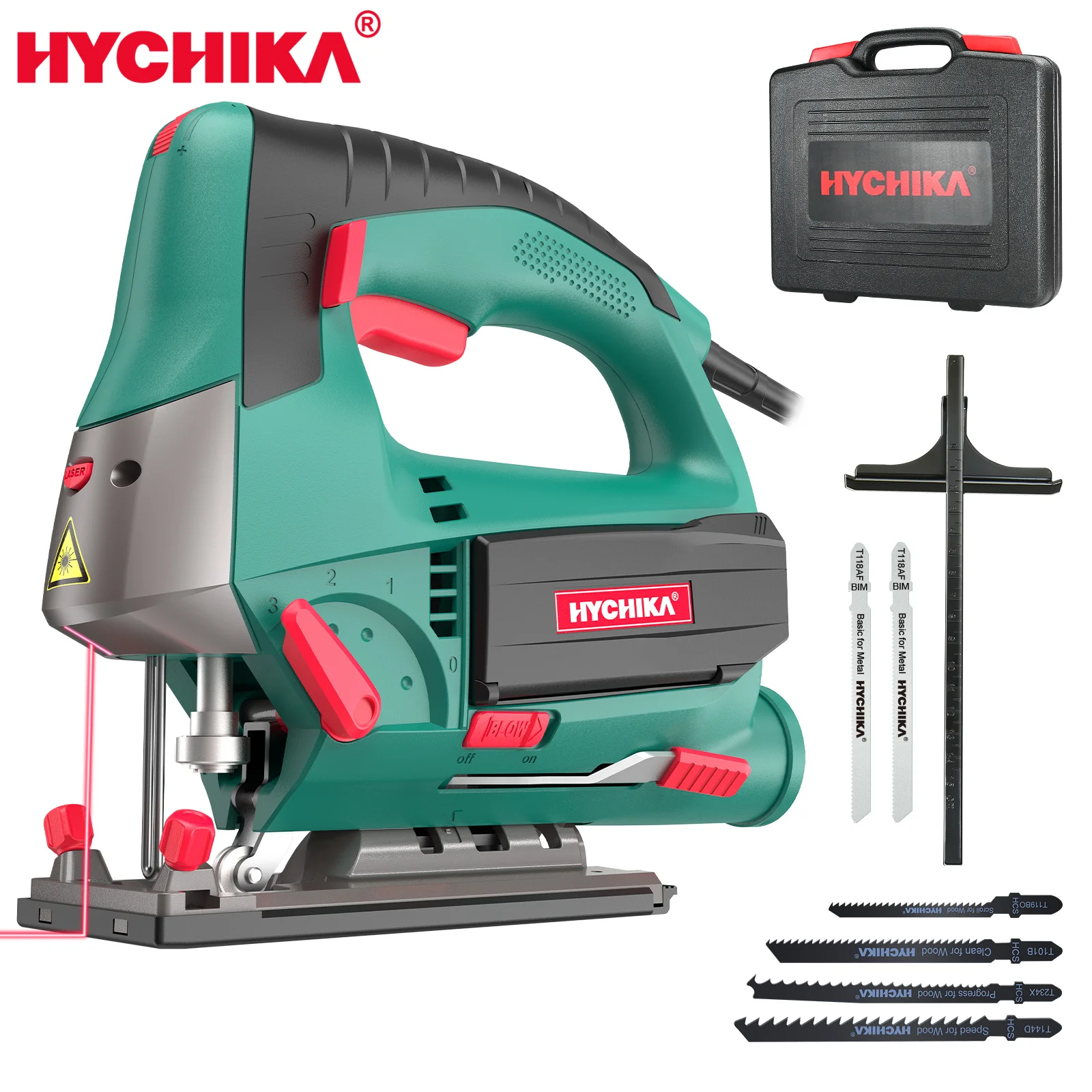 HYCHIKA 800W Laser Jig Saw 6 Variable Speed Multifunctional Jigsaw Electric Saw for Woodworking Power Tool with 6 Pieces Blades