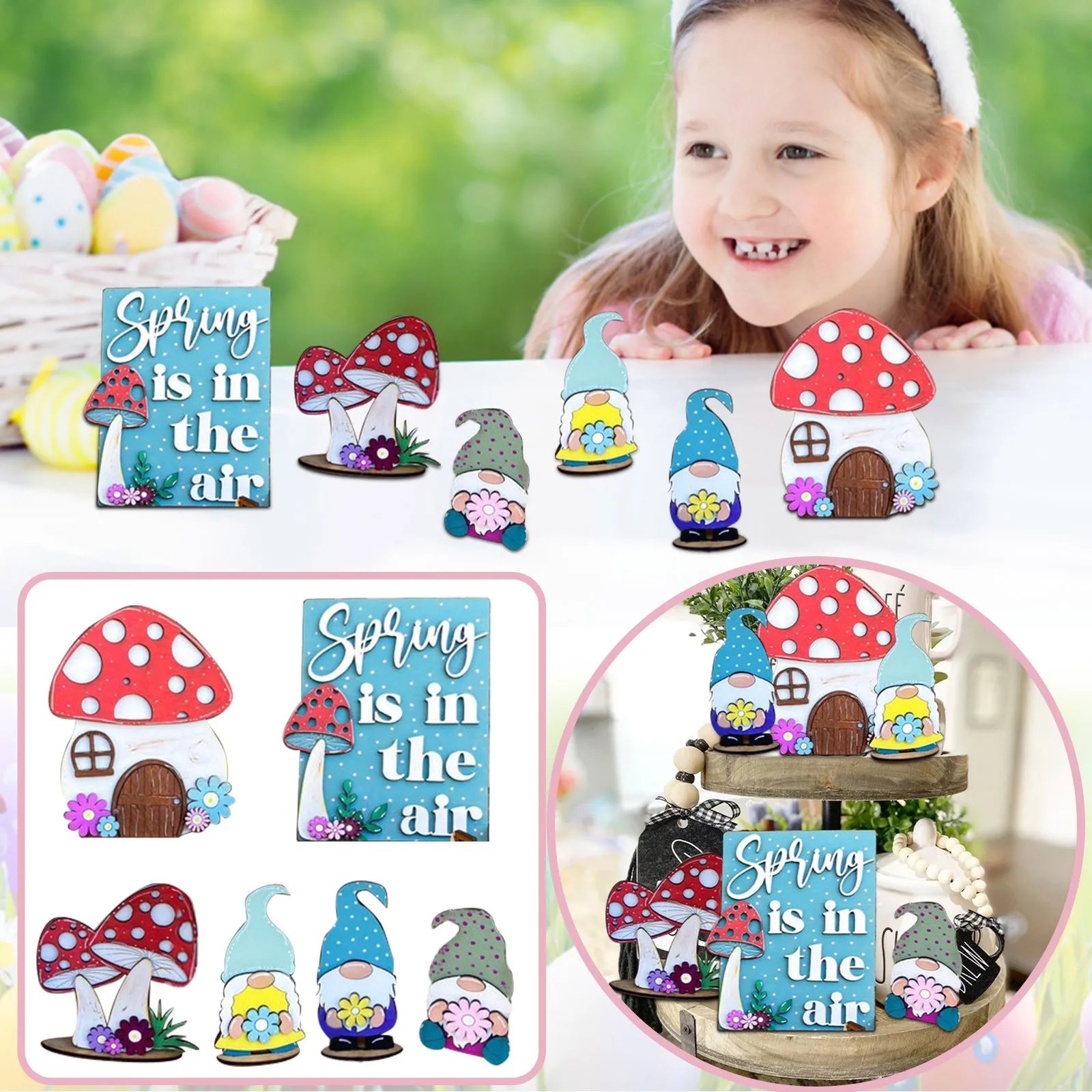 

6Pcs/se Spring Tiered Tray Decor 2022 Happy Easter Party Mini Wooden Statues Holiday Table Desktop Ornament Party Supplies a40