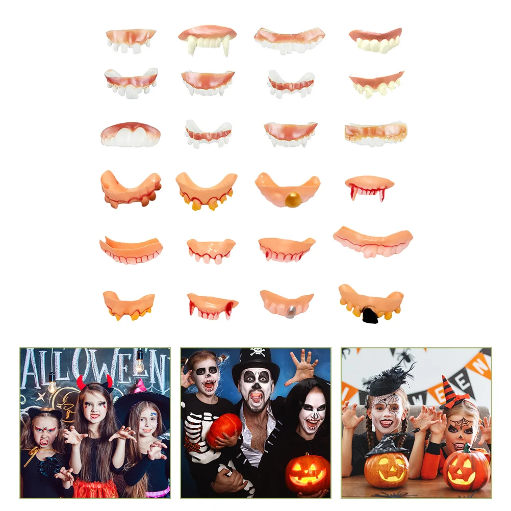 

24 Pcs Halloween Dentures Funny Fake Teeth Fangs Joke Plastic Playes Ugly Plastic Playesss Gnarly