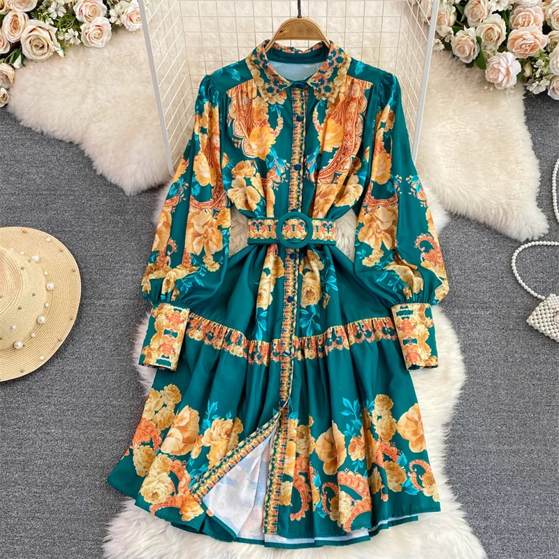 

Yellow Flower Print Dress With Belt Spring Women Mid-length Green Dresses Elegant Lapel Long Sleeve Lady Vestidos Korean Fashion