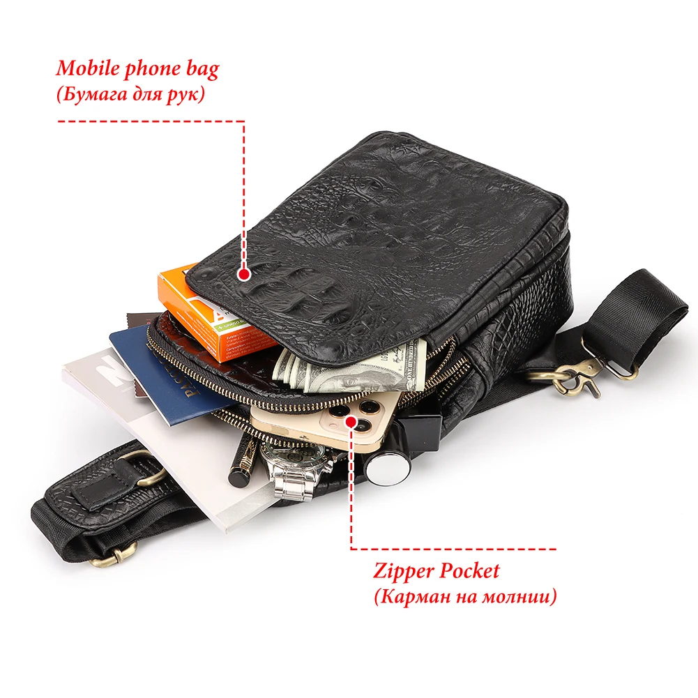 Cowhide Luxury Men's Chest Packs Crocodile Grain Design Crossbody Bag Male Fashion Shoulder Bags High Quality Travel Bag for Men