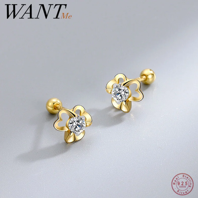 

WANTME 925 Sterling Silver Romantic Shiny Zircon Clover Screw Beads Stud Earrings for Women Fashion Charms Party Jewelry Gift