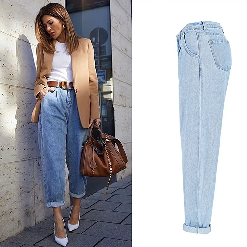 Spring and Autumn Women 2021 Fashion Cotton Jeans Blue Retro Harlan Washed New High Waist Office Ladies Casual Jeans Women
