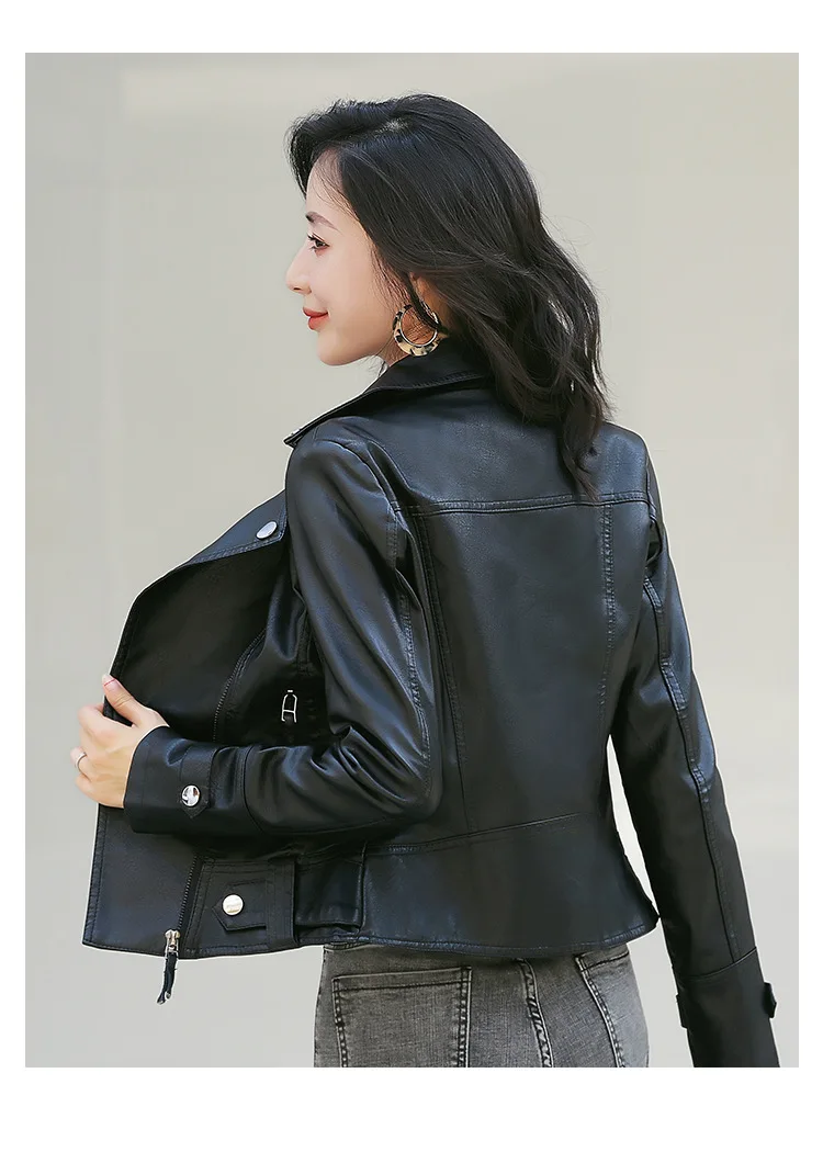 2022 Autumn Women's PU Motorcycle Leather Women's Short Korean Slim Fit Coat Skinny Leather Jacket Beige White Leather Top