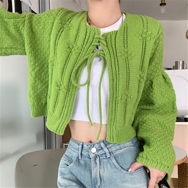 

Sandro Rivers Green Strap Knitted Cardigan Women Short Sweater Lantern Sleeve Coat