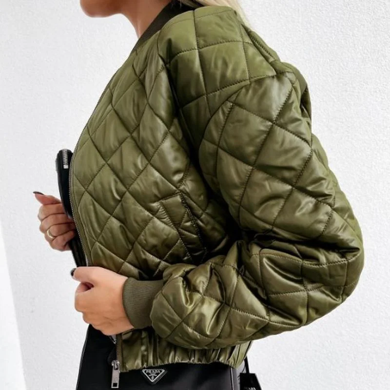 Women's Jacket Winter Thin Parka Coat Army Green Bomber Jacket Retro Fashion Streetwear Pocket Long Sleeve Short Coat Ladies