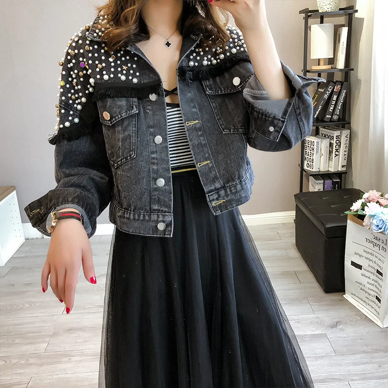 

2023Casual jacket,Chaquetas Mujer Autumn Streetwear Denim Jacket Women Hand-studded Pearls Punk Tassel Veste Femme Loose Short