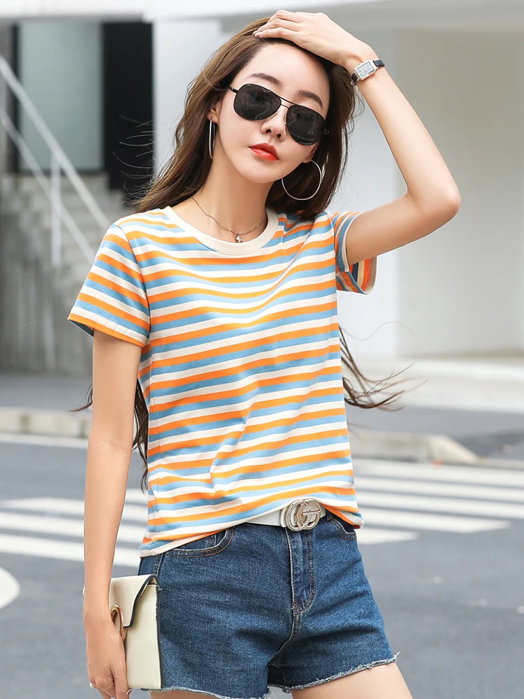 

AOSSVIAO 2023 Summer Orange Blue Striped Cotton T-Shirts Women O-Neck Tshirts Female Short Sleeve Basic Fashion Classic Tops