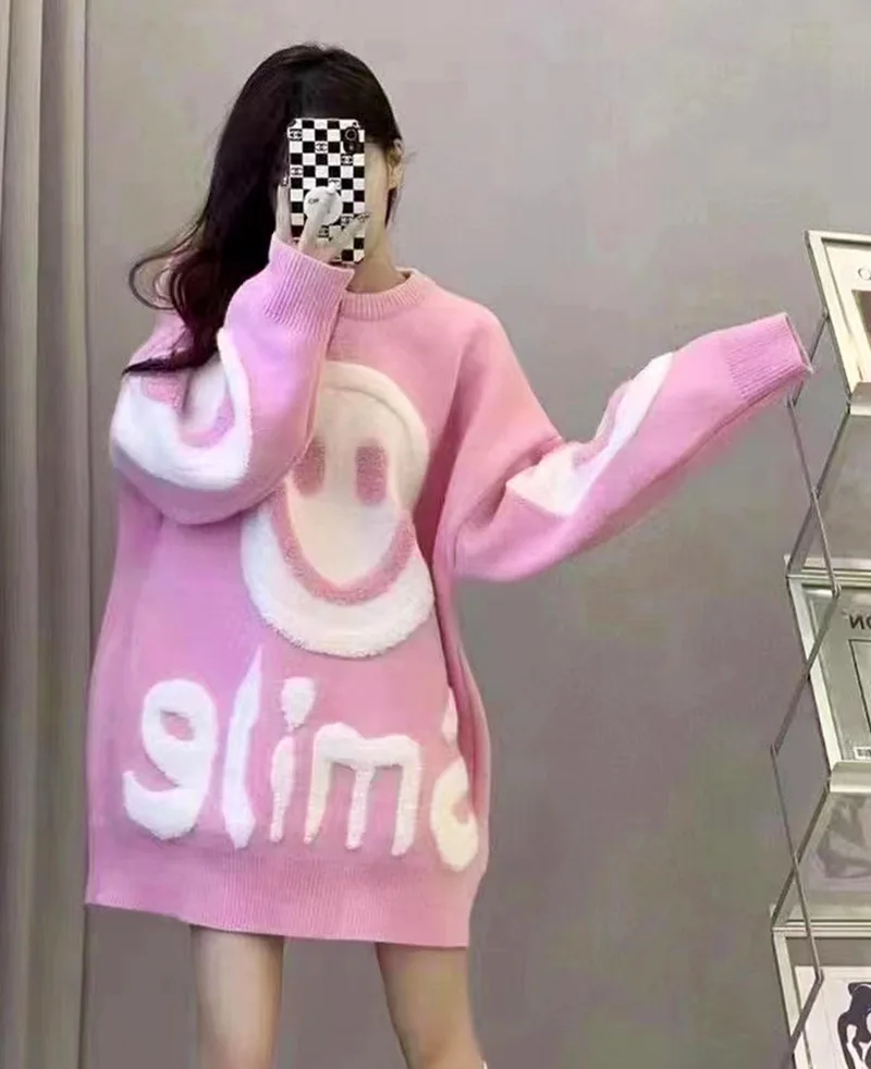 Ретро 3D свитер со смайликом для женщин свободный толстый вязаный трикотаж с