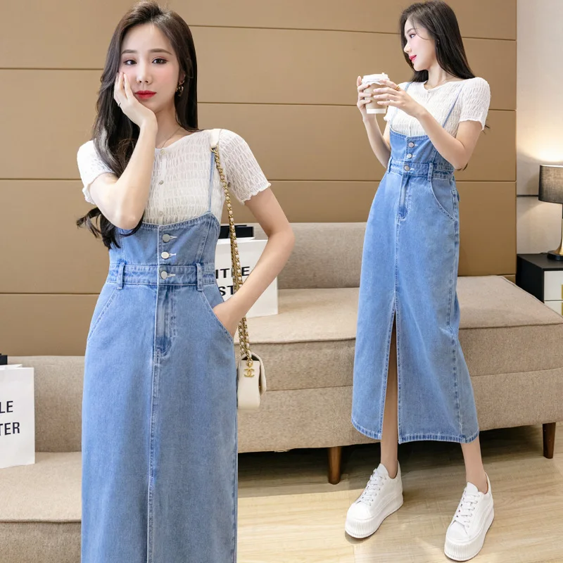 

High Waist Denim Strap Dress Blue Sleeveless Slim Spaghetti Strap Long Dress Spring Summer Women Suspender Vestidos