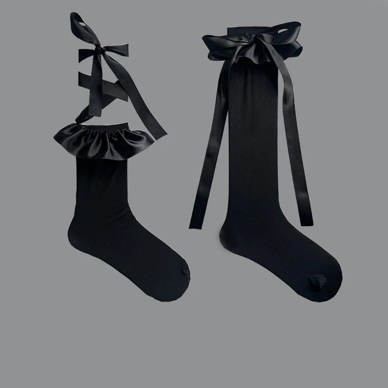 

Spring Summer Kawaii Girl Mid Tube Socks Lace Tie Socks for Women Cute Bow Sock Women's Black White Personality Woman Stockings