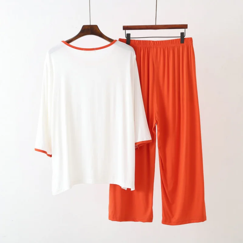 The New Women Pajamas Modal Cotton Pajama Sets Plus Size T-shirt Color Contrast Sleepwear Light and Soft Loose Pijama Woman Set