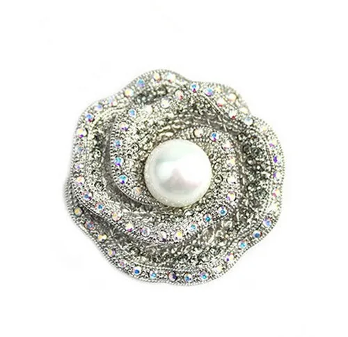 

1.8 Inch Silver Plated AB Rhinestone Crystal Diamante Pretty Flower Brooch with Faux Pearl