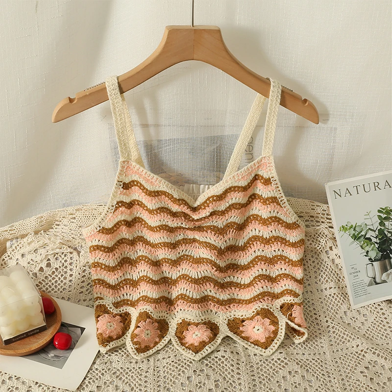 

Топ женский трикотажный в французскую полоску, милая ажурная короткая майка без рукавов, с открытой спиной, одежда на лето