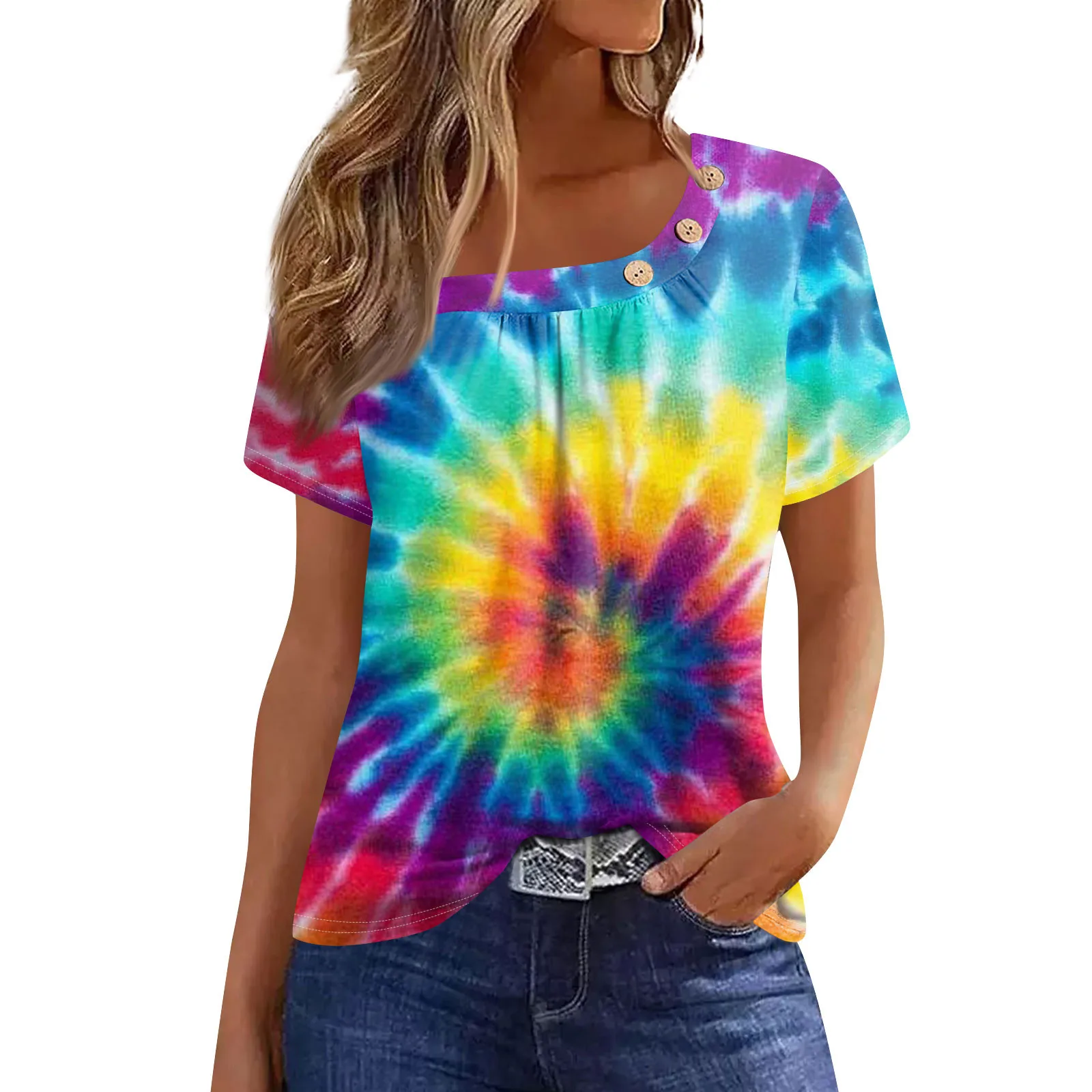 Женская футболка на пуговицах с принтом коротким рукавом