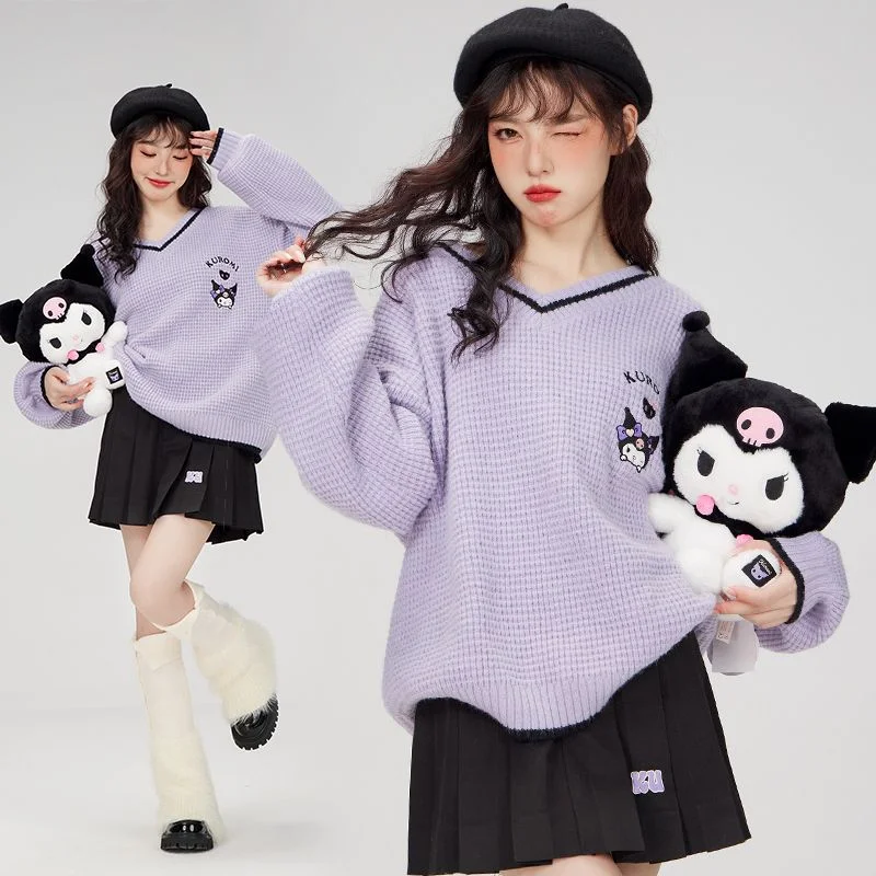 

Kawaii Sanrio Sweater Cute Kuromi My Melody Cinnamoroll Pompom Purin Cartoon College Knitted Sweater Plush Toy for Girls Gift