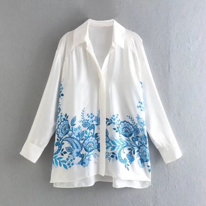 

Women White Shirt With Blue Floral Prints Spring 2022 New Fashion Full Sleeve Loose Long Blouse Female Casual Top Clothing