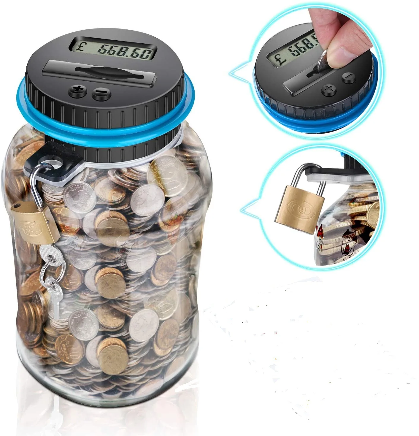 1.8L Piggy Bank Counter Coin Electronic Digital Lcd Counting Coin Money Save Box Jar Coins Storage Box with Lock Euro GBP Money