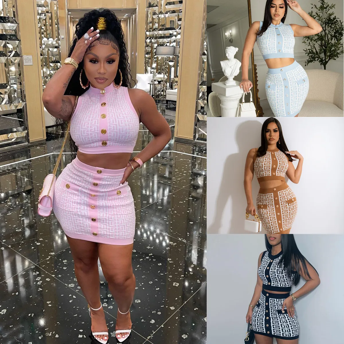 

Summer 2022 Womens Fashion New Digitally Positioned Print Stitching Ribbed Ladies Sexy Package Hip Skirt Two Piece Set Women
