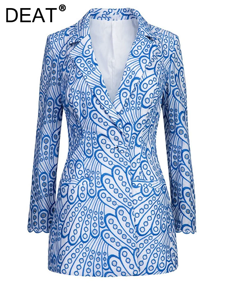 

[DEAT] Temperament Hollow Out Fashion Casual Button Female Suit Long Sleeve Loose Print Embroidery Coat 2023 Spring 13DB352