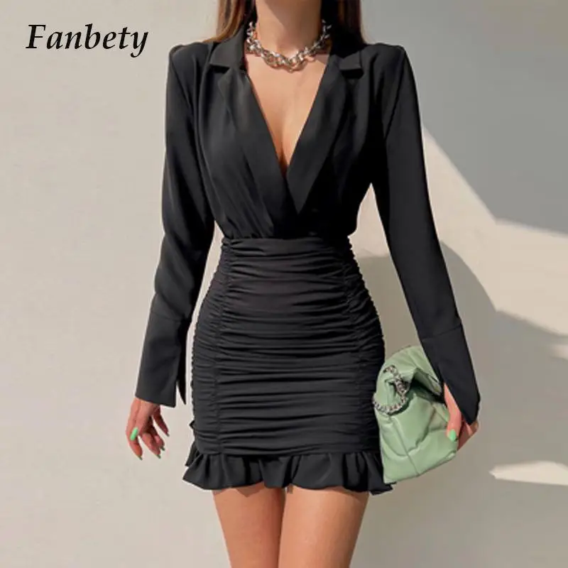 

Autumn Women Pleated Ruffles Slim Mini Dresses Fashion Black Long Sleeve Bodycon Dress OL Style V Neck Lapel Collar Blazer Dress